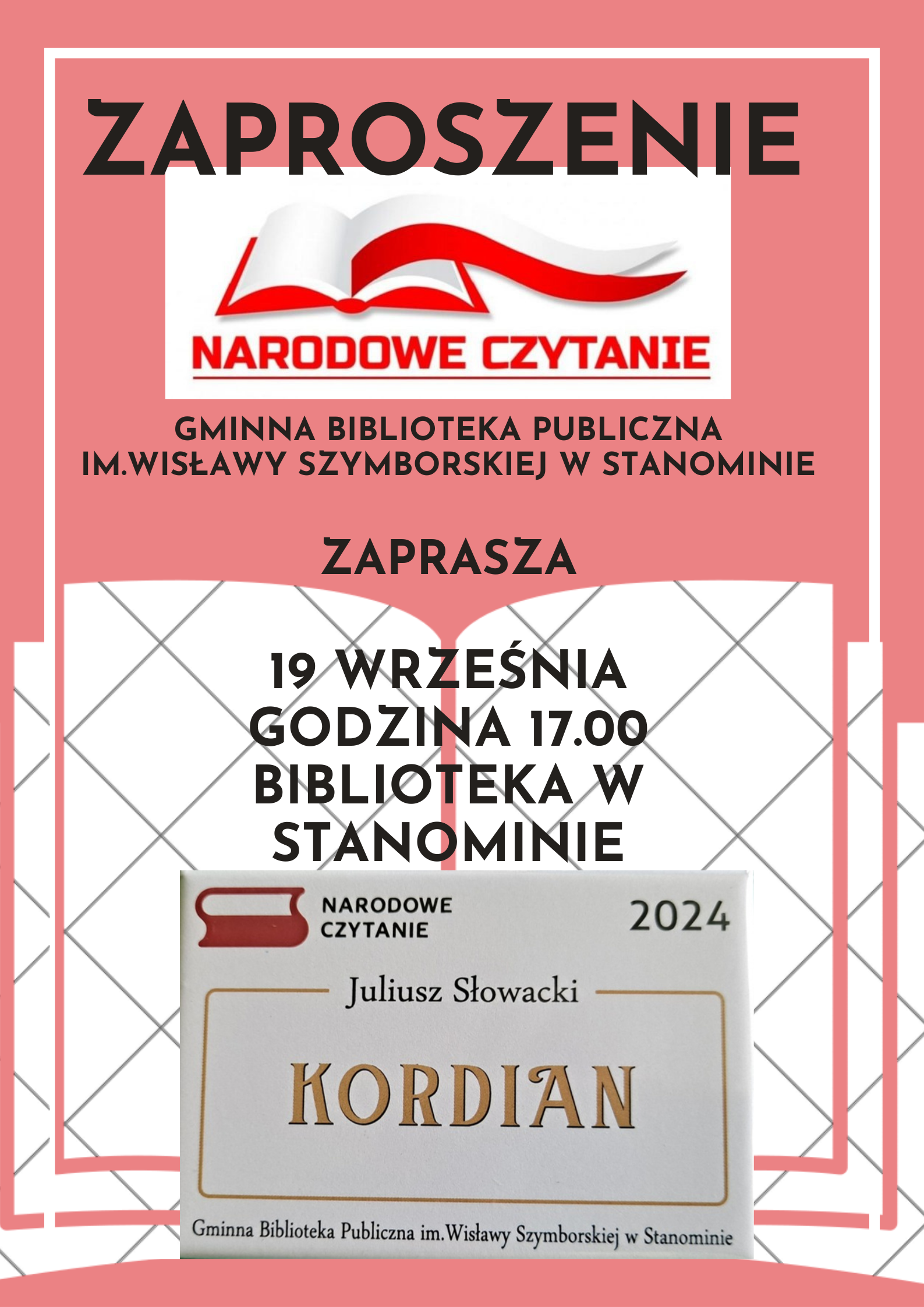 plakat Zaproszenie do Gminnej Biblioteki Publicznej w Stanominie