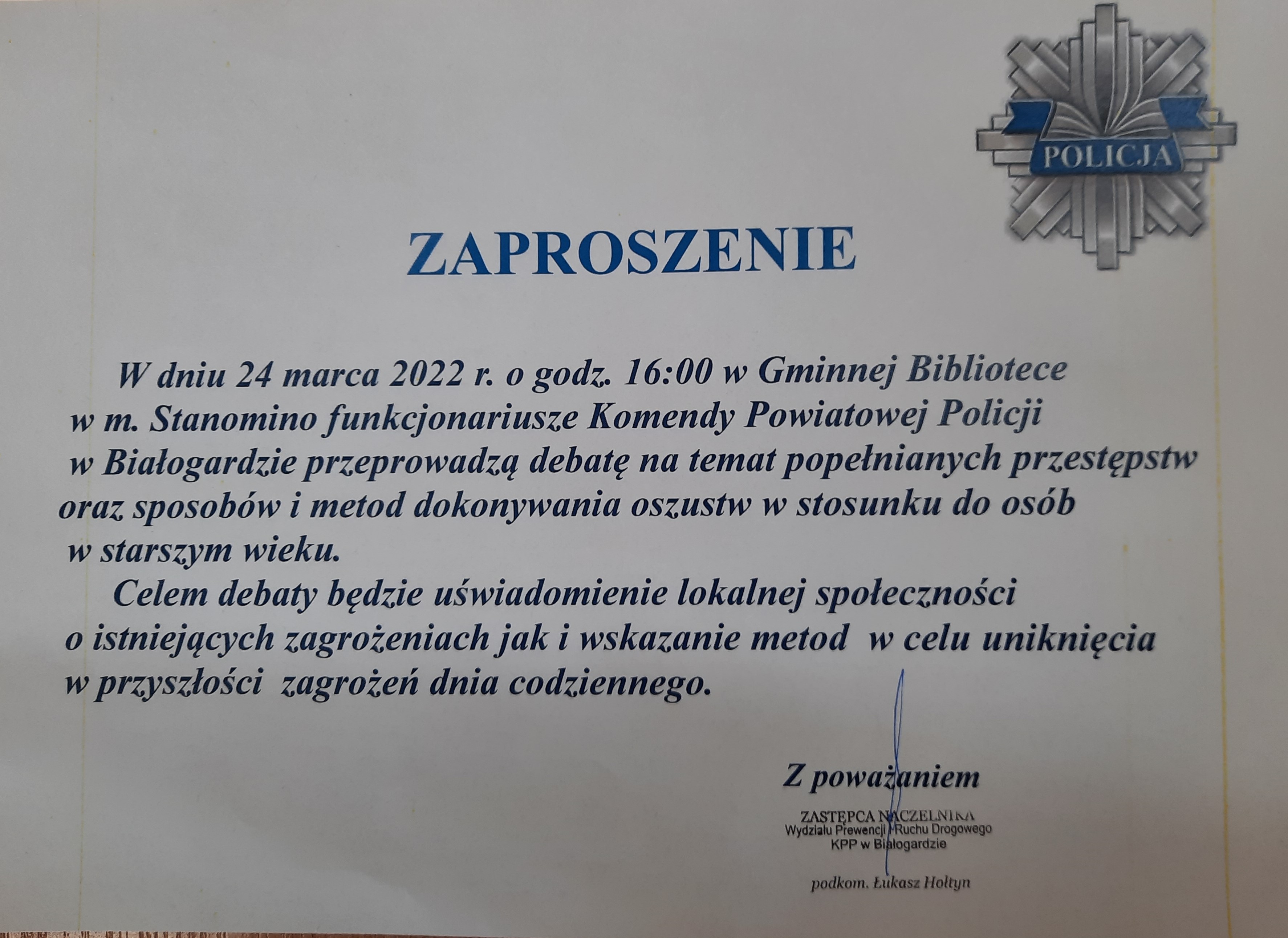  plakat informujący o spotkaniu z policją w bibliotece w Stanominie 
