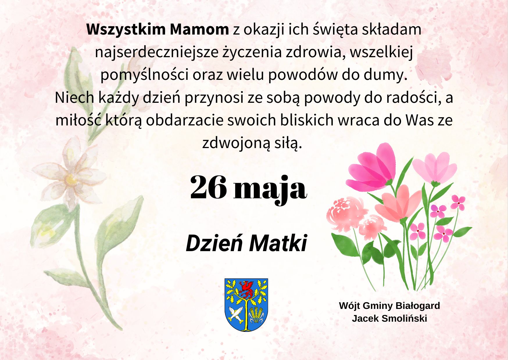 na różowym tle na środku napis dzień matki, w lewym dolnym roku oraz w prawym dolnym kolorowe kwiaty, na środku napis. 