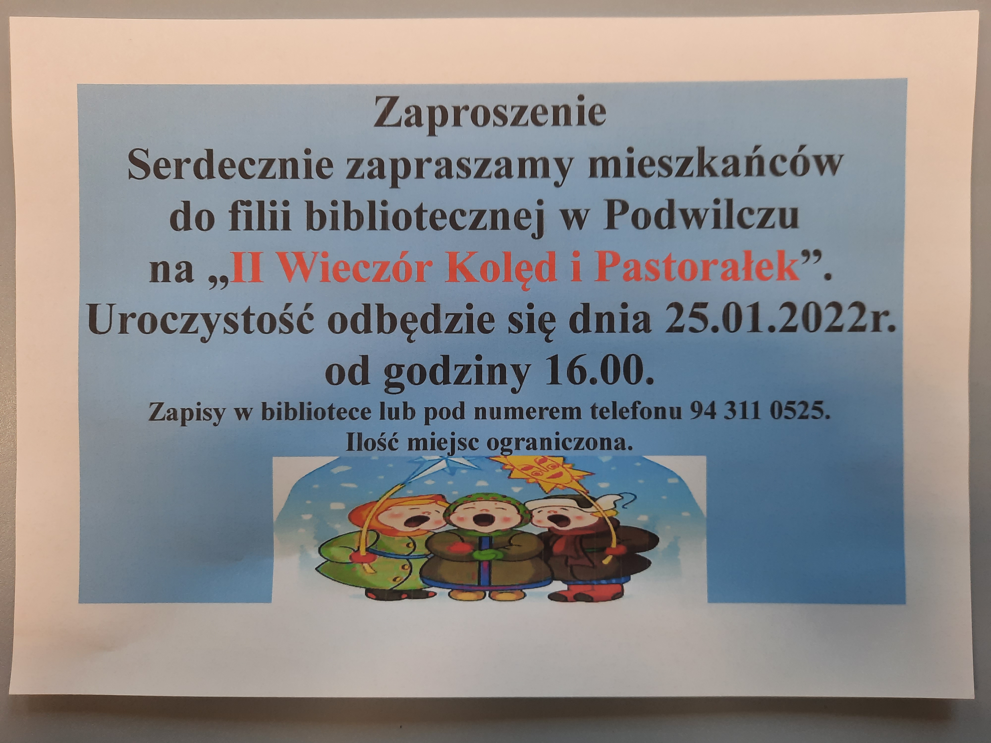 Plakat informujący o Wieczorze kolęd i pastorałek w filii w Podwilczu.