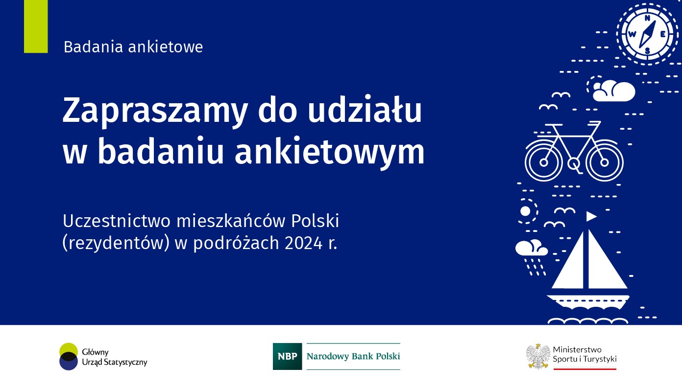 Na niebieskim tle informacja; ZAPRASZAMY DO UDZIAŁU W BADANIU ANKIETOWYM, UCZESTNICTWO MIESZKAŃCÓW POLSKI (REZYDENTÓW) W PODRÓŻACH 2024 ROKU, OBOK INFORMACJI Z PRAWEJ STRONY  ZNAJDUJĄ SIĘ RYSUNKI: PŁYWAJĄCEJ PO WODZIE ŁÓDKI Z ŻAGLAMI, CHMURY, Z KTÓREJ PADA DESZCZ, FRUWAJĄCYCH PTAKÓW, PEŁNEGO SŁOŃCA, ROWERU, SŁOŃCA WYCHODZĄCEGO ZZA CHMUR ORAZ KOMPASU. 