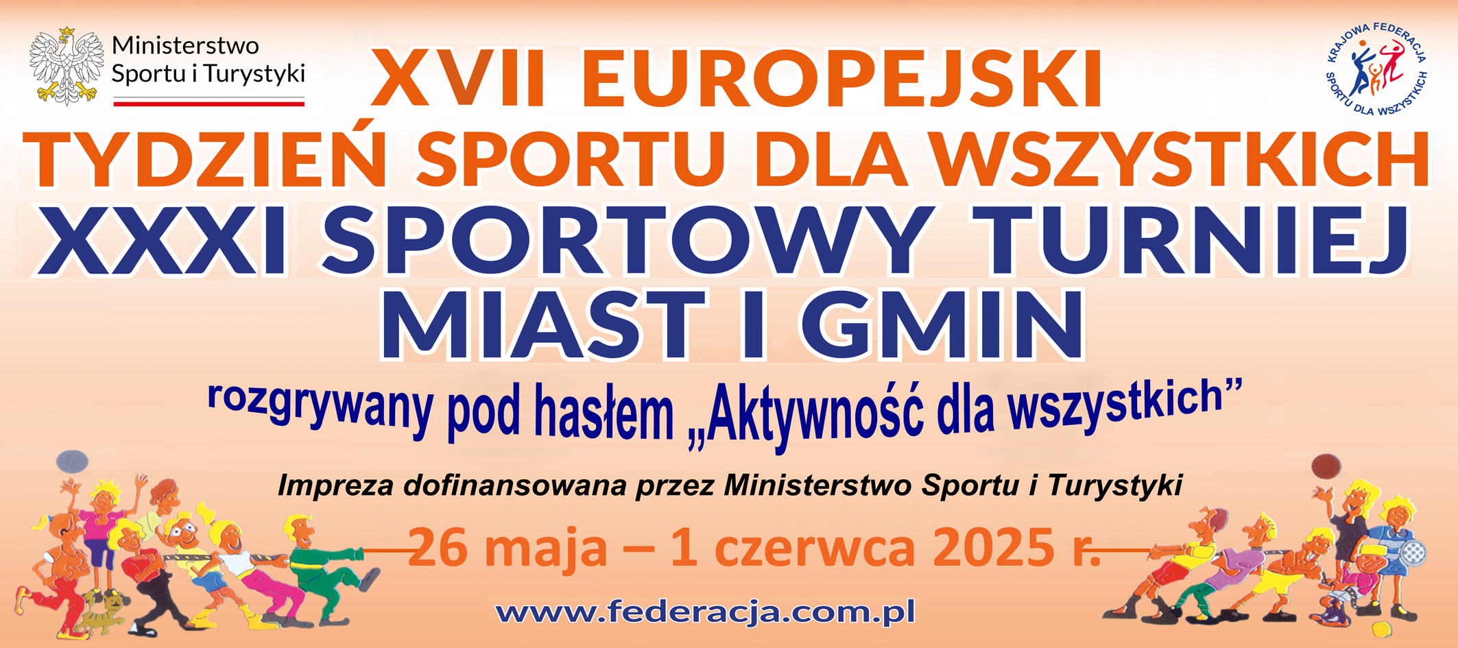 Na beżowym tle, pomarańczowe, niebieskie i czarne  litery z informacją o nazwie turnieju, dacie turnieju i organizacji patronującej.  