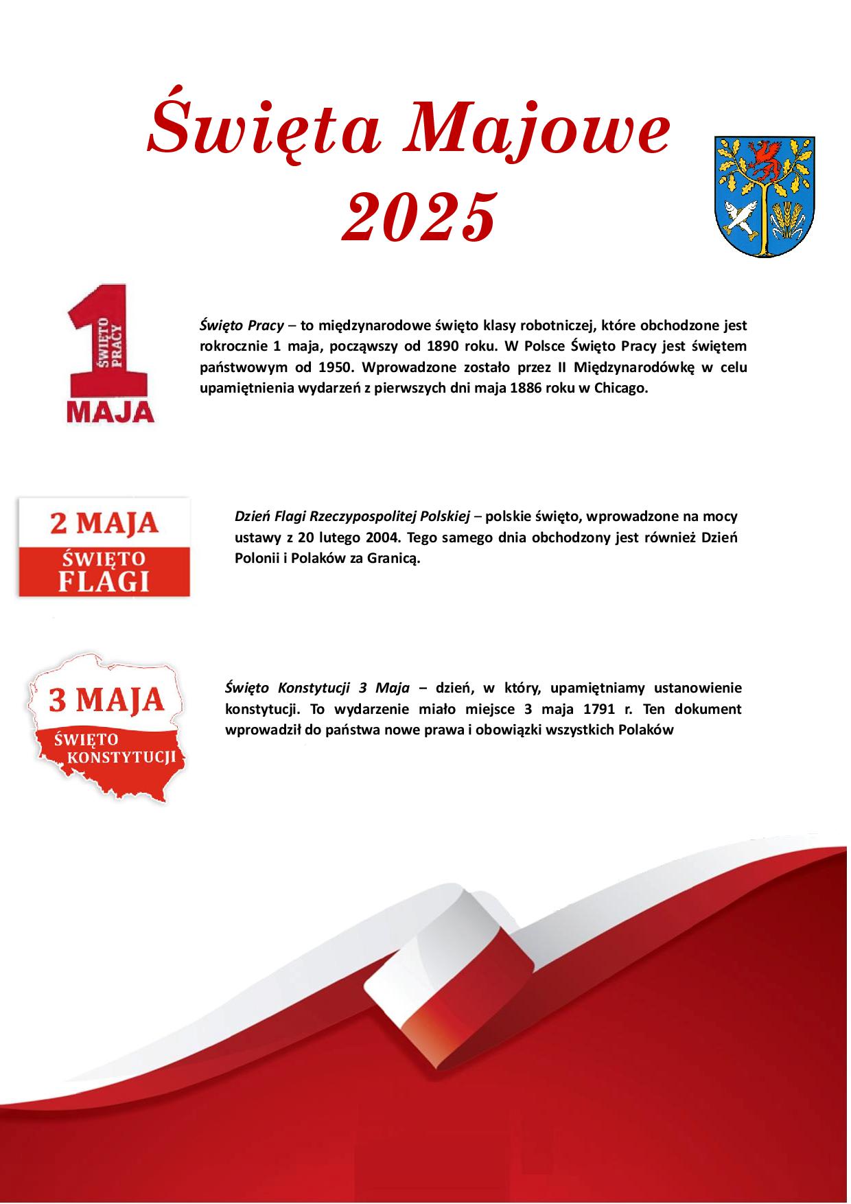na białym tle czerwony napis Święta Majowe 2025, herb gminy oraz opis świąt 1,2 i 3 maja.