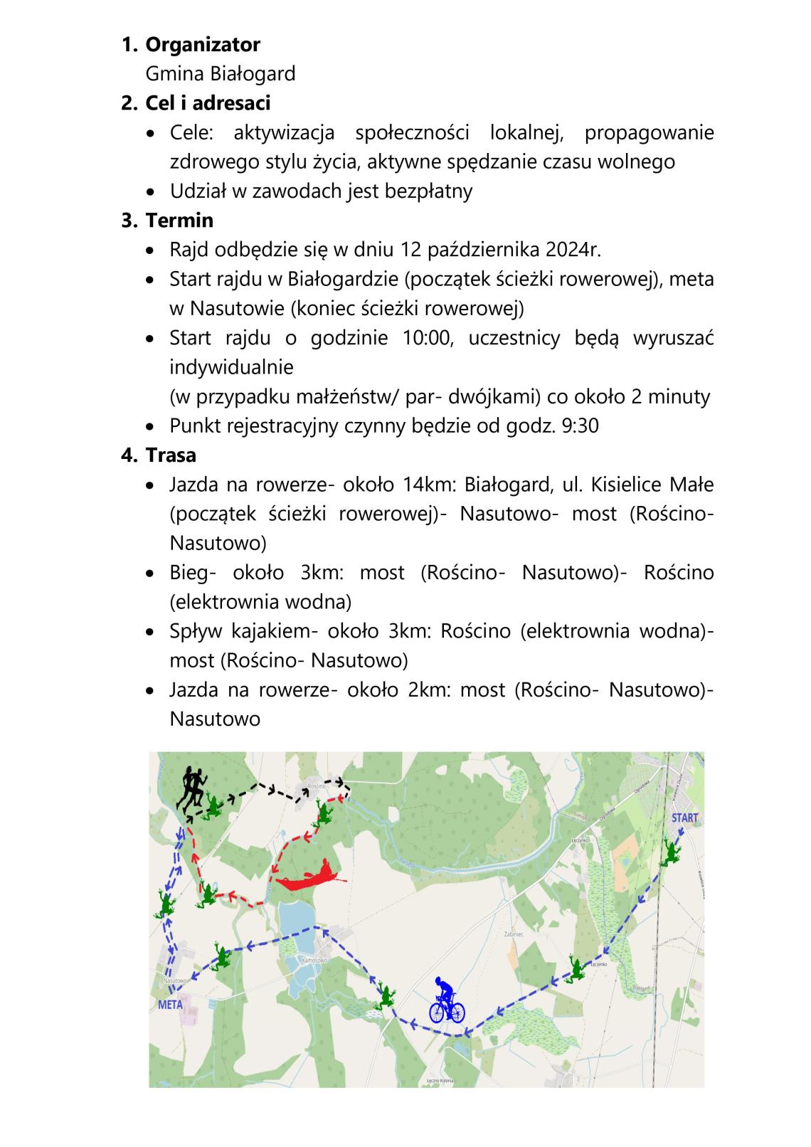 Na białym tle po środku napis II Rajd Żabim Szlakiem-12.10.2024r. Na obrazku w lewym roku żaba , w prawym roku kajaki a u góry rowery".