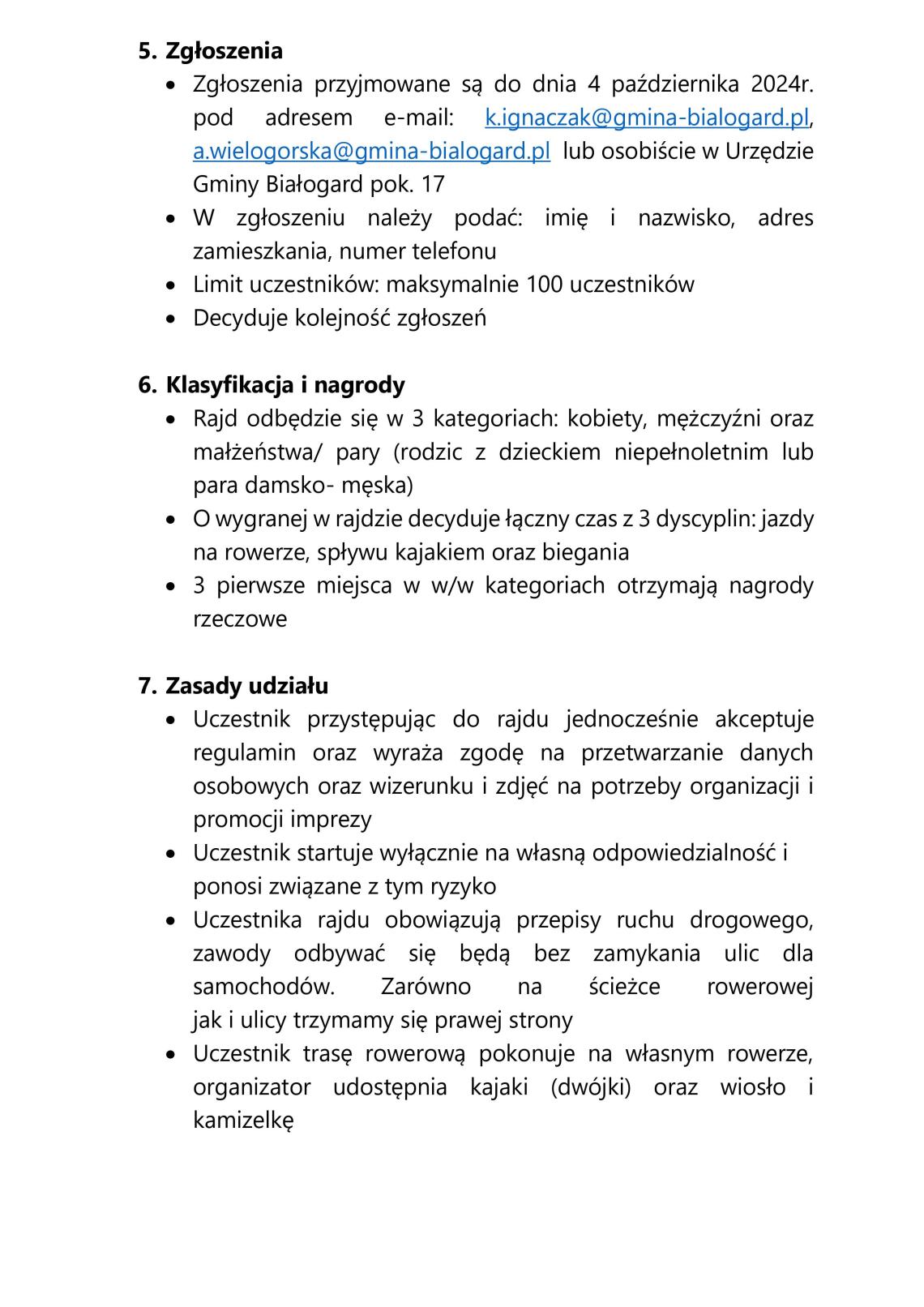 Na białym tle po środku napis II Rajd Żabim Szlakiem-12.10.2024r. Na obrazku w lewym roku żaba , w prawym roku kajaki a u góry rowery".
