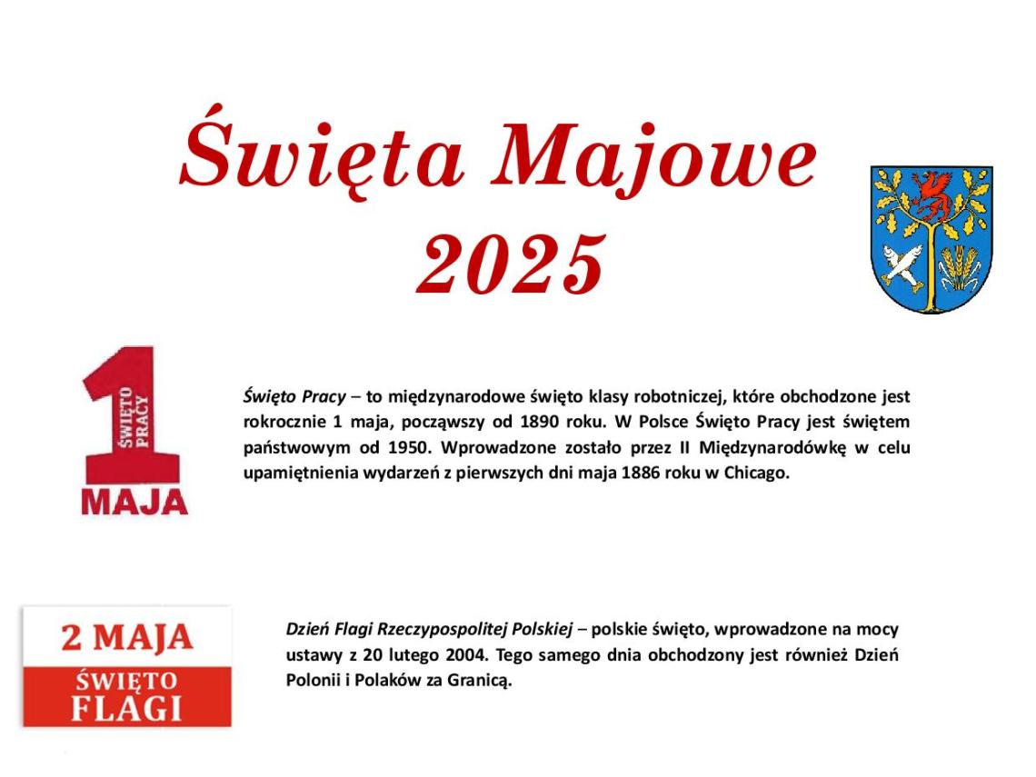 na białym tle czerwony napis Święta Majowe 2025, herb gminy oraz opis świąt majowych.
